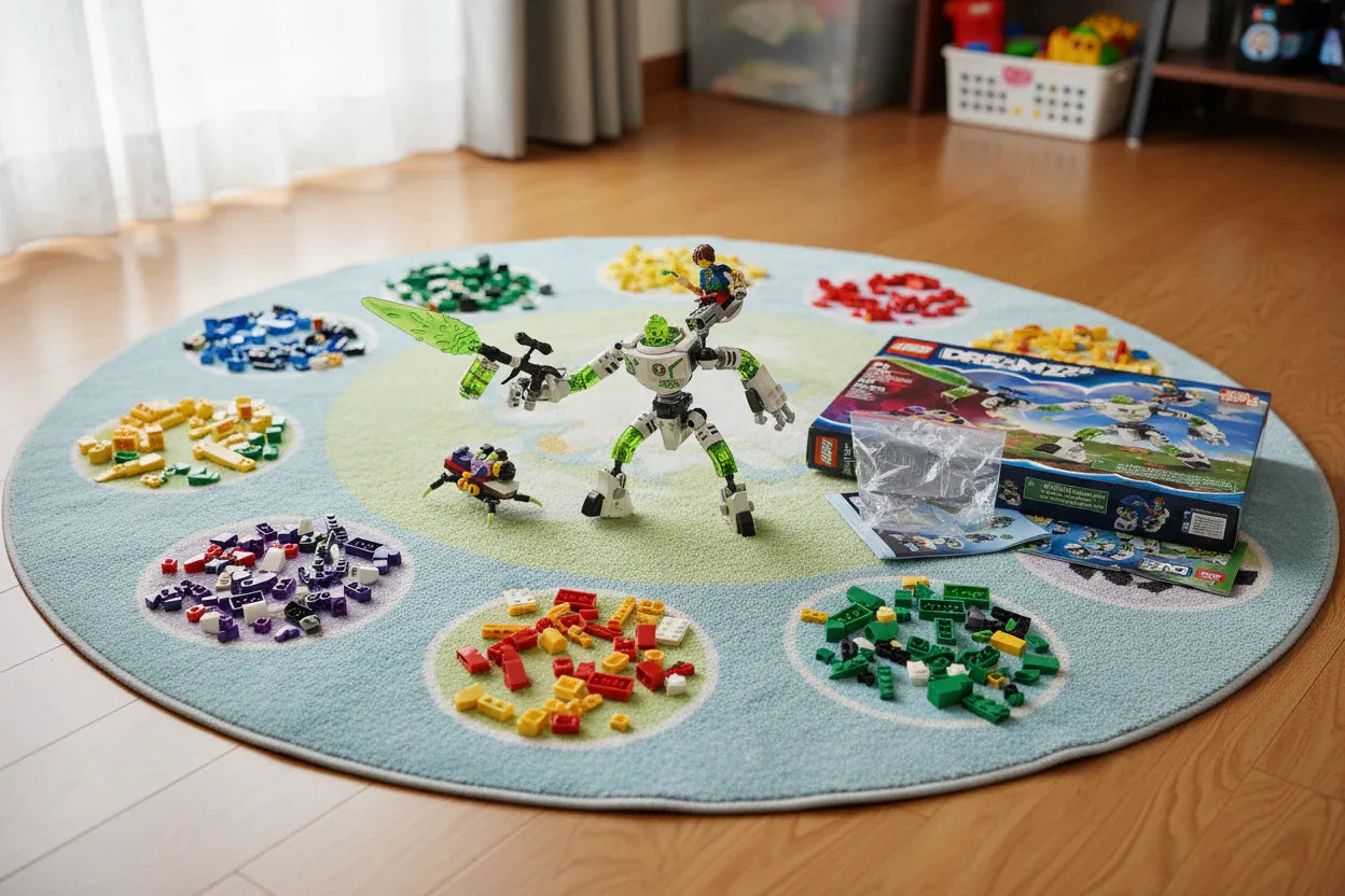 Child's play area rug with sorted LEGO bricks and completed Z-Blob robot model
