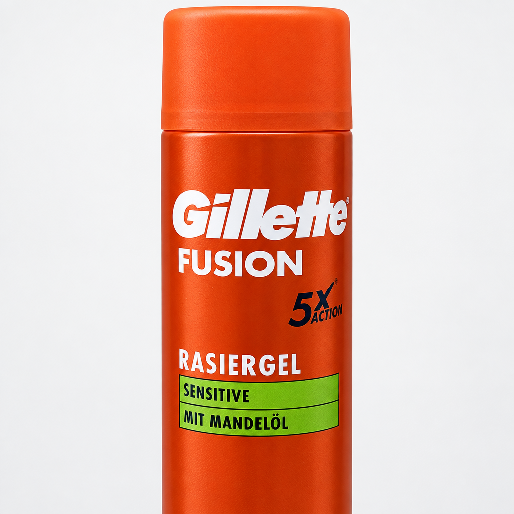 Close view of Gillette Fusion Sensitive shave gel can and almond oil label