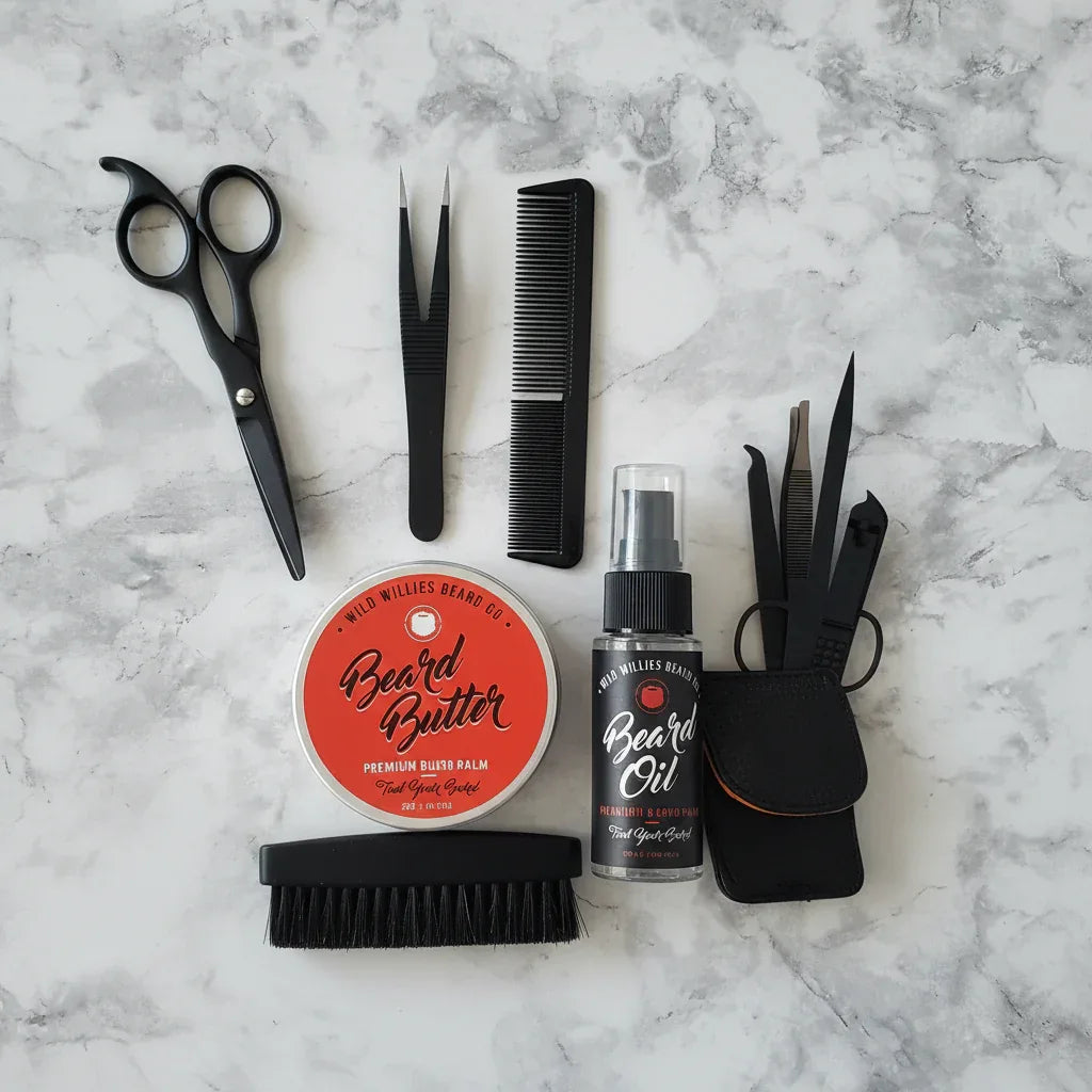 Close up flat lay of Wild Willies 4-piece grooming tools and boar bristle brush on white marble