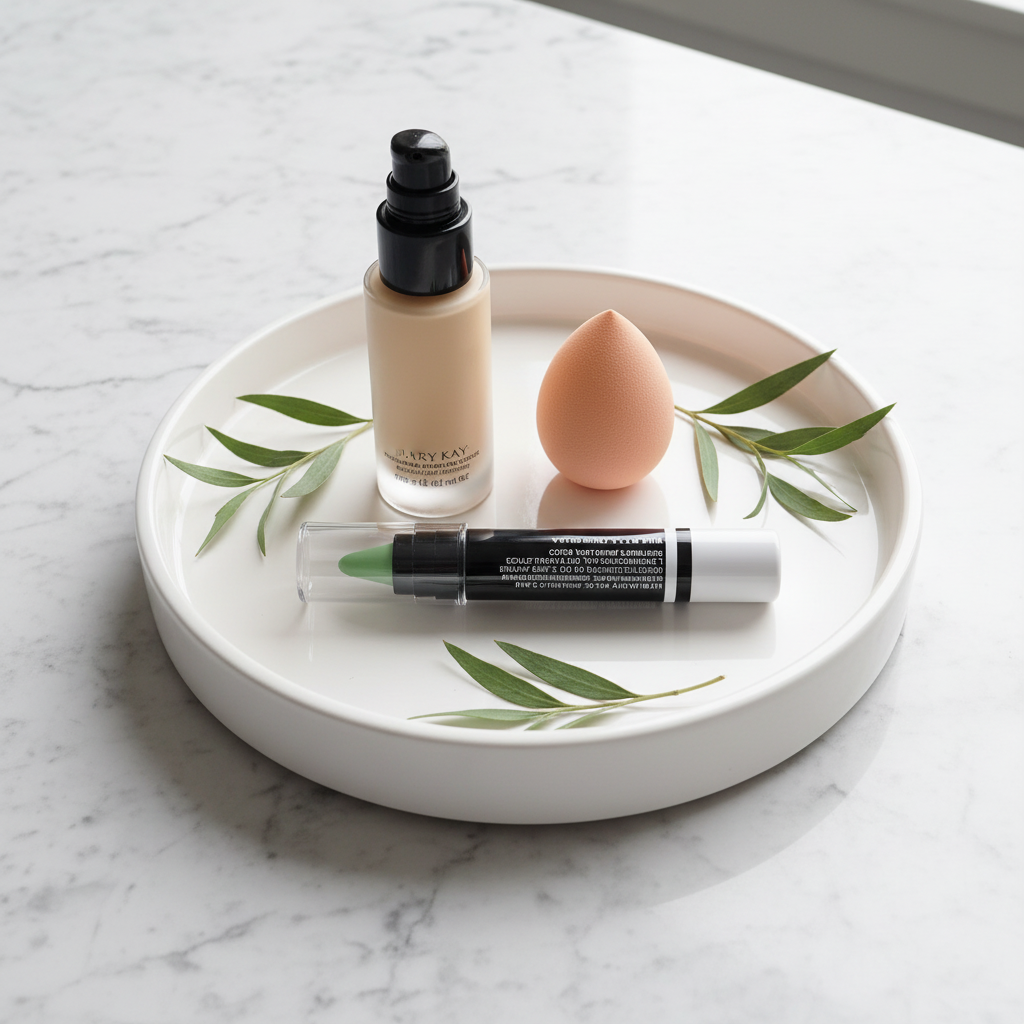 Mary Kay At Play Color Correcting Stick Wipe Out Redness white stick with green tip on a clean white vanity tray alongside a foundation bottle, beauty blender sponge, and soft green botanical leaves