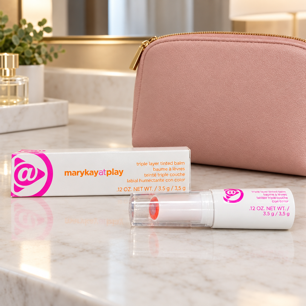 Mary Kay at Play Triple Layer Tinted Balm tube and box beside a blush cosmetic pouch