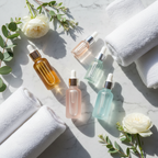 Elegant flat lay of skincare serums and botanicals on marble