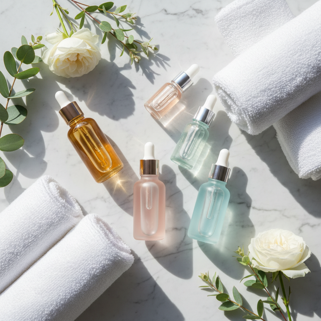 Elegant flat lay of skincare serums and botanicals on marble