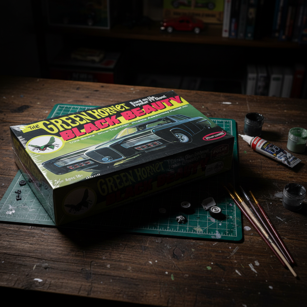 Polar Lights Green Hornet Black Beauty 1/32 scale model kit box on wooden hobby desk next to model glue and paint brushes classic TV car collector lifestyle