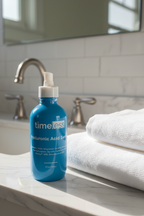 Blue glass skincare serum bottle on a sunlit white marble bathroom vanity with fresh white towels in warm natural morning light