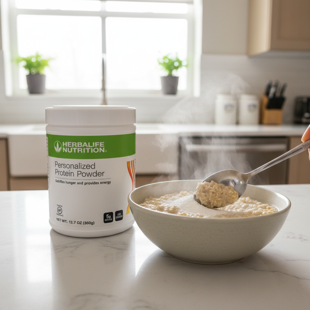White Herbalife Nutrition Personalized Protein Powder tub next to a bowl of oatmeal with a tablespoon of white protein powder being stirred in, bright morning kitchen setting.