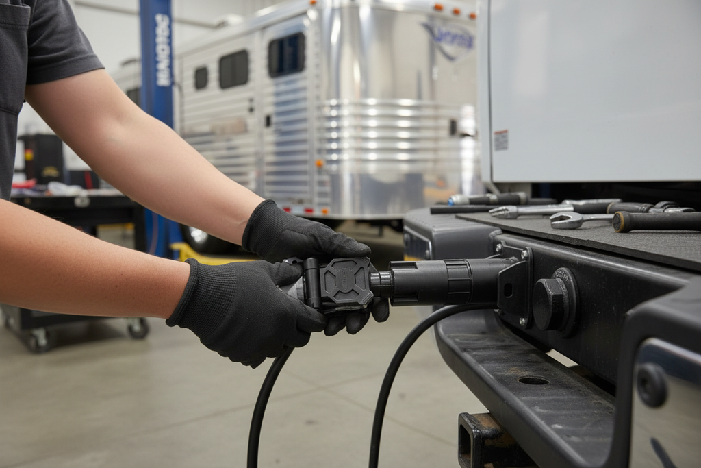 Mechanic connecting Hopkins vehicle-side connector to CURT trailer-side plug on truck hitch in garage with horse trailer - More4less Outlet