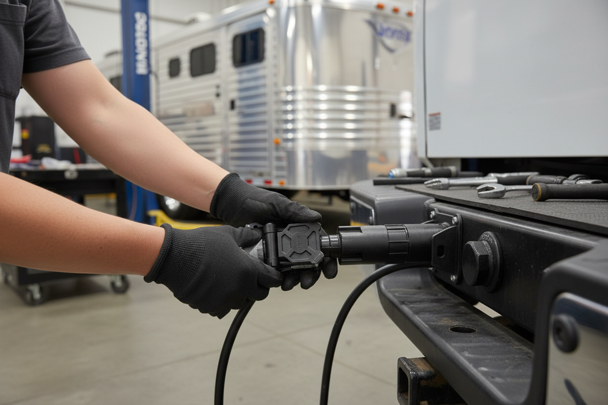 Mechanic connecting Hopkins vehicle-side connector to CURT trailer-side plug on truck hitch in garage with horse trailer - More4less Outlet