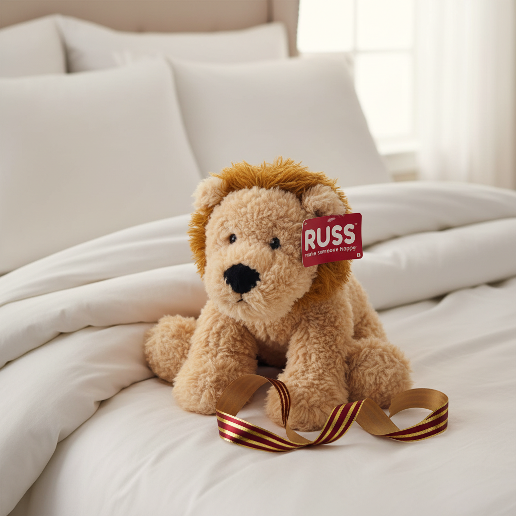 Russ Jazwares 14 inch Lion Plush displayed as gift on white bedding with ribbon - More4less Outlet