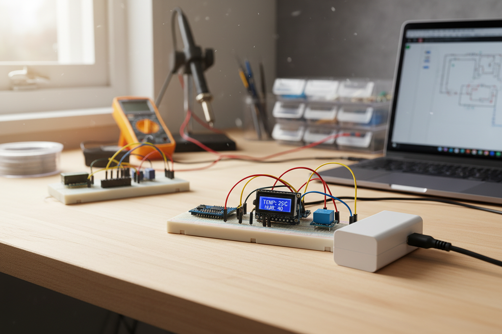 Compact switching power supply connected to a small electronics project on a clean workbench