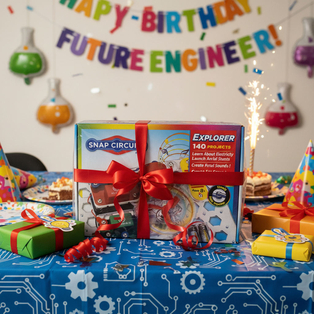 Snap Circuits Explorer STEM kit in a gift box with ribbon on a birthday table with science themed decorations — More4less Outlet lifestyle image