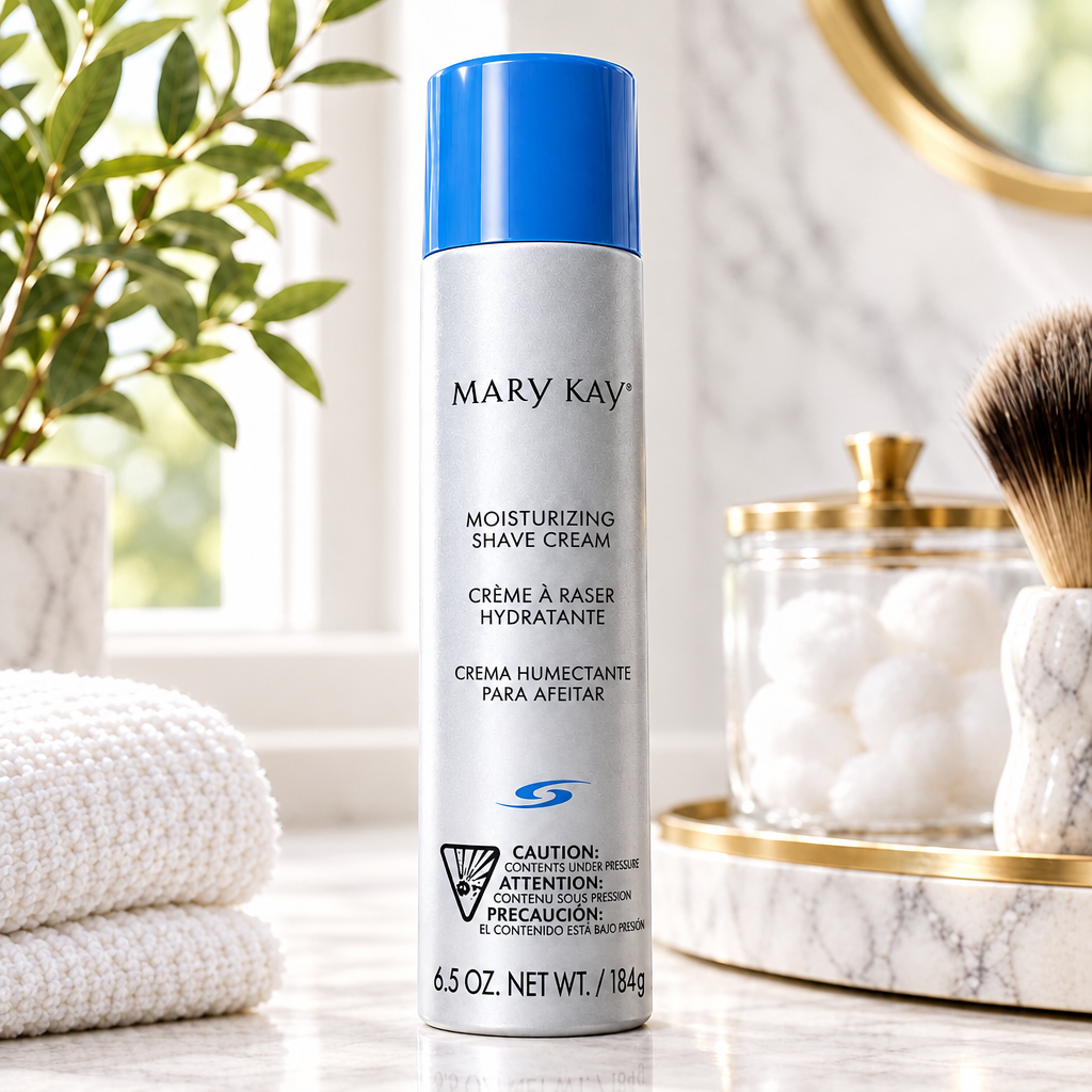 AI lifestyle image of Mary Kay Moisturizing Shave Cream 6.5 oz can on bathroom counter