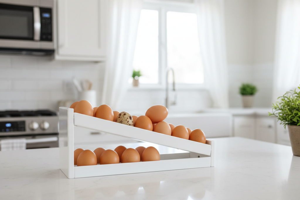 Clean white countertop displaying brown eggs rolling down a slim 2-tier white gravity-fed organizer rack
