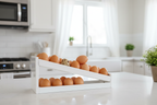 Clean white countertop displaying brown eggs rolling down a slim 2-tier white gravity-fed organizer rack