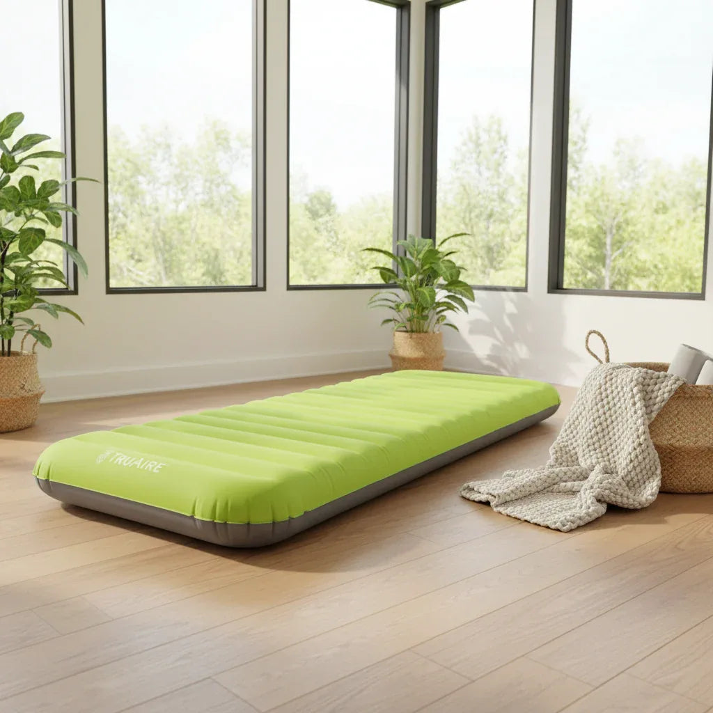 TruAire TPU Camping Mat inflated lime green on wood floor of modern home sunroom near woven blanket and decorative basket as spare bed