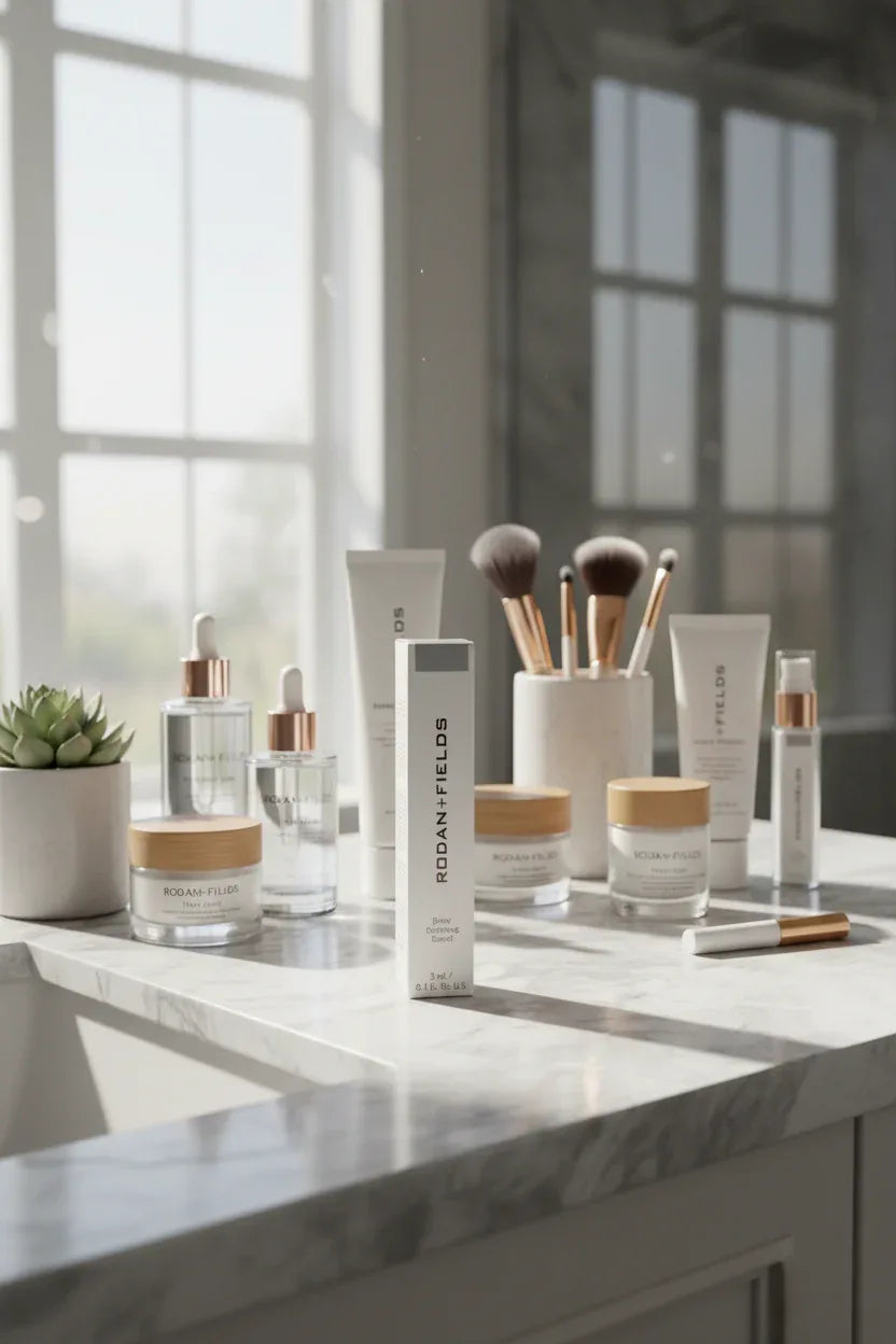 Rodan + Fields Brow Defining Boost Light on organized modern vanity countertop with morning light