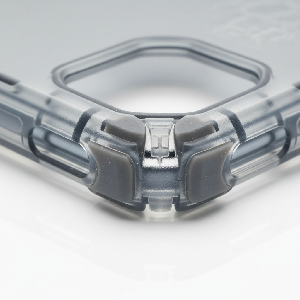 Close-up of reinforced shock-absorbent corners on rugged grey clear phone case