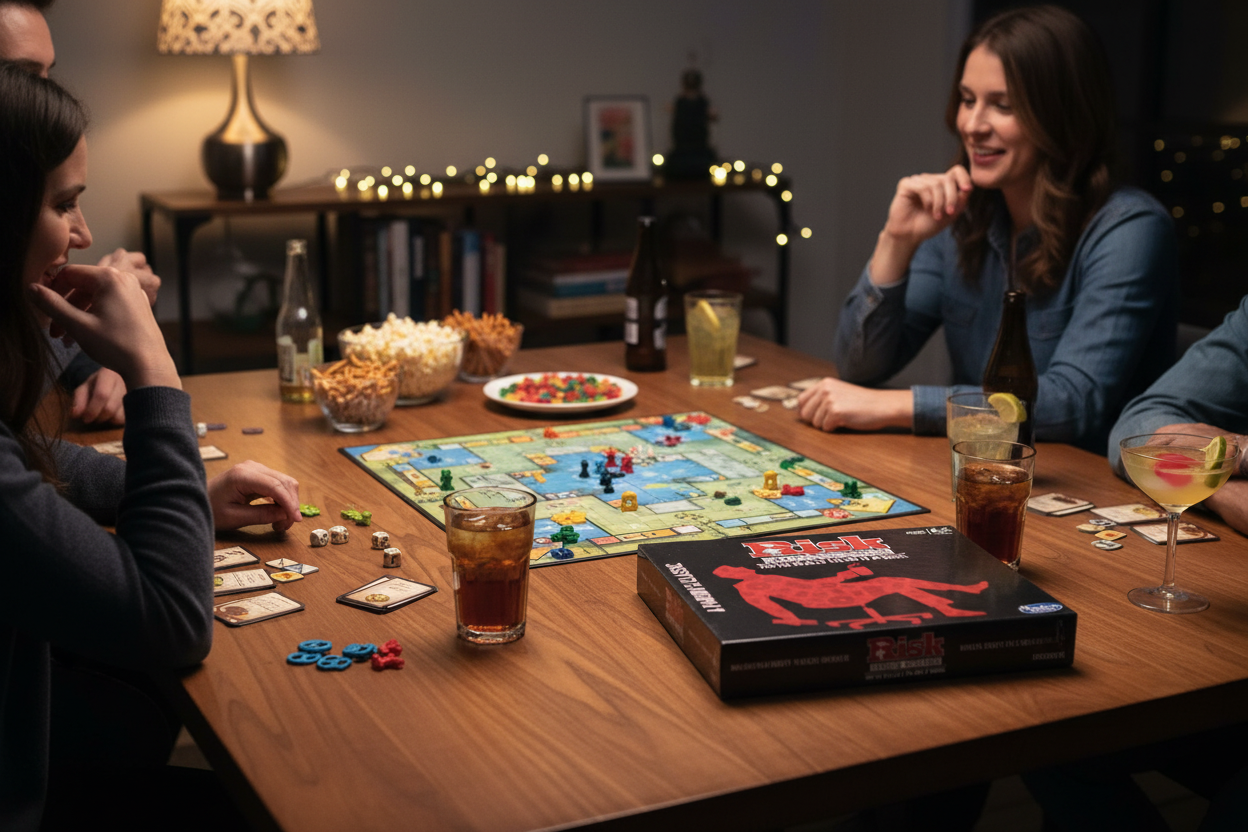 Risk Office Politics board game on game night table with snacks and drinks – More4less Outlet