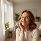 Woman in her 40s with radiant even-toned skin smiling and touching her cheek in a bright airy room