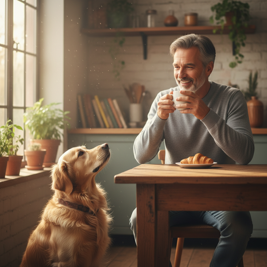 Happy man drinking coffee from white mug with golden retriever beside him lifestyle photo