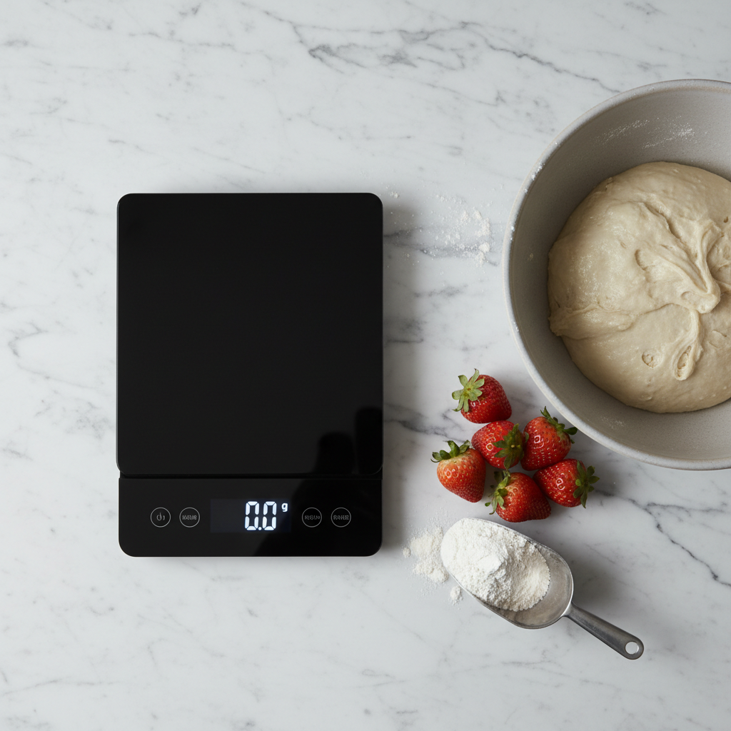 Lifestyle — sleek black glass digital kitchen scale on white marble counter beside mixing bowl, fresh strawberries, and flour scoop — clean modern baking flatlay editorial for visual context only