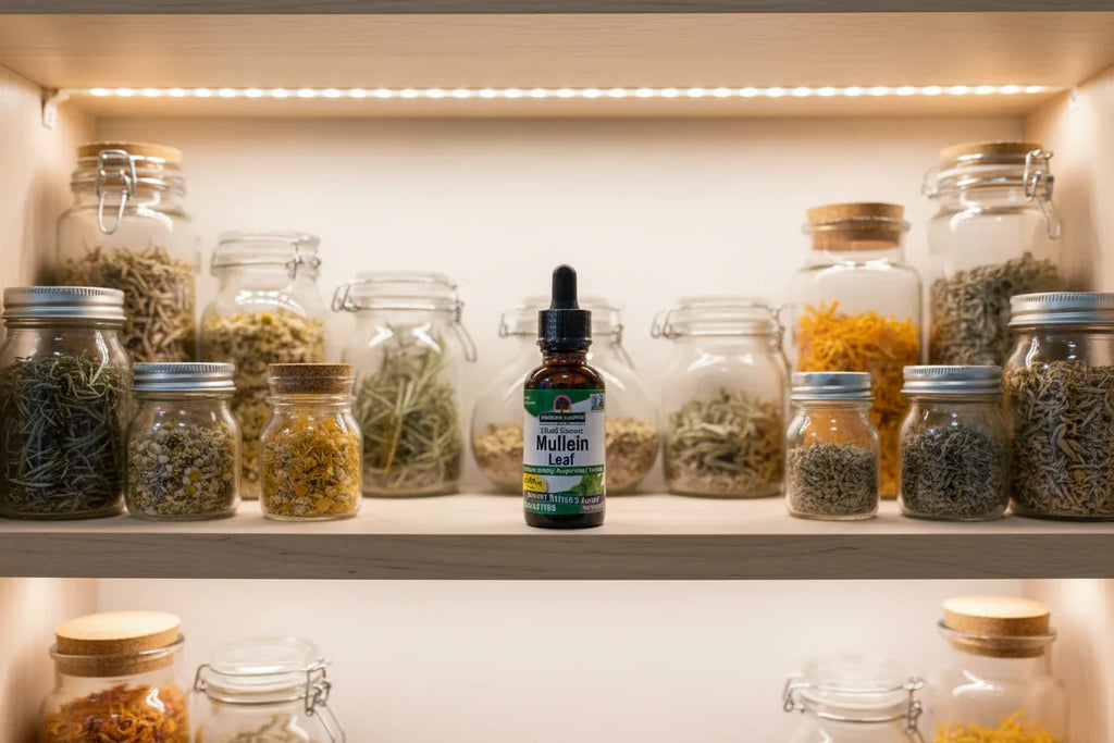 Nature's Answer Mullein Leaf Extract 1oz on home apothecary shelf with glass jars — organized herbal supplement storage