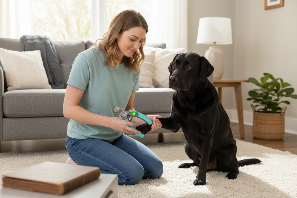 Large black Labrador calm during nail trim with Miracle Care QuickFinder Deluxe teal clipper at home — designed for large dogs and thick dense nails
