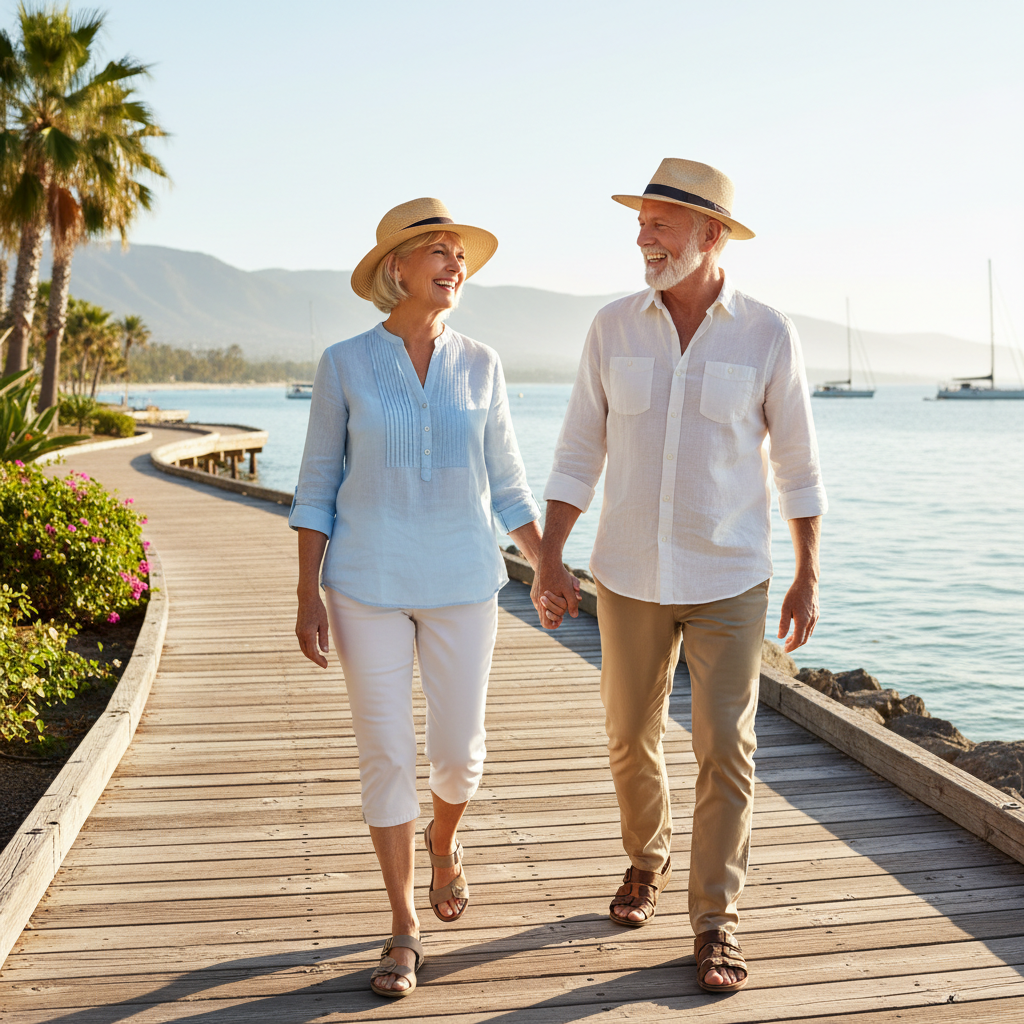 Older adult couple walking together along a sunny waterfront boardwalk in the afternoon