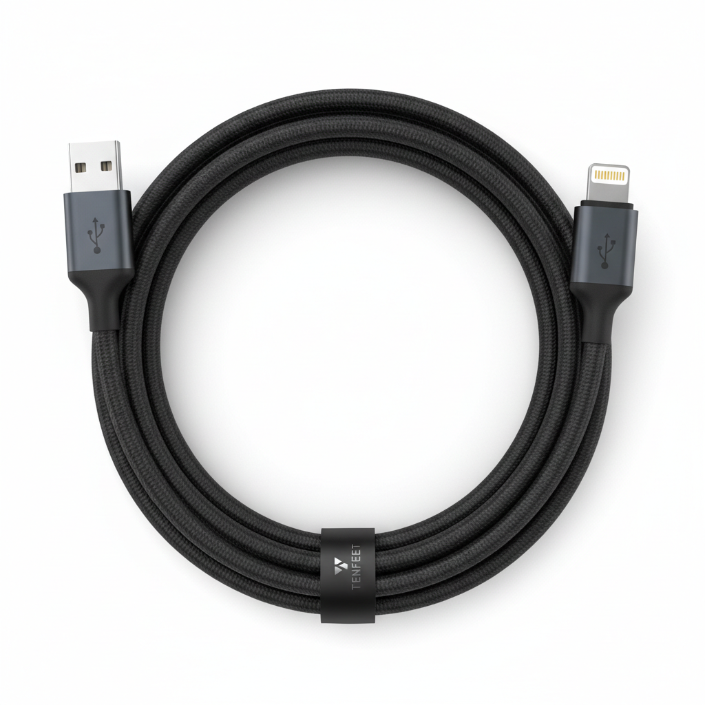 Case Logic 10ft USB-C to Lightning cable neatly coiled flat lay on white surface — More4less Outlet