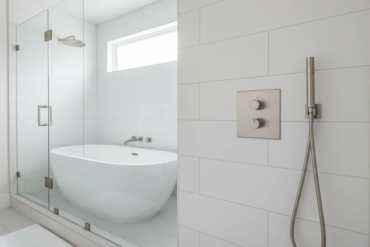 Bright modern bathtub and shower setup displaying precise control valve escutcheon plate integration