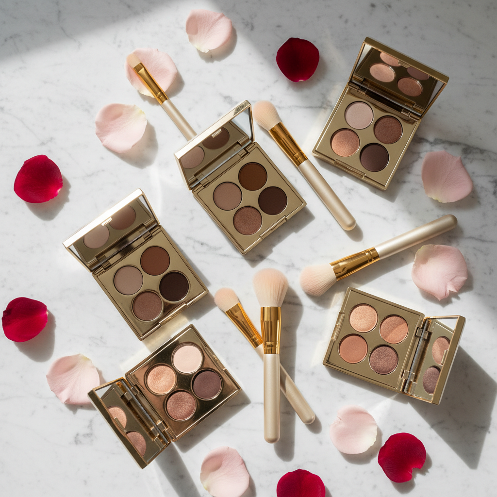 Flat lay of eye palette compacts and makeup brushes on marble