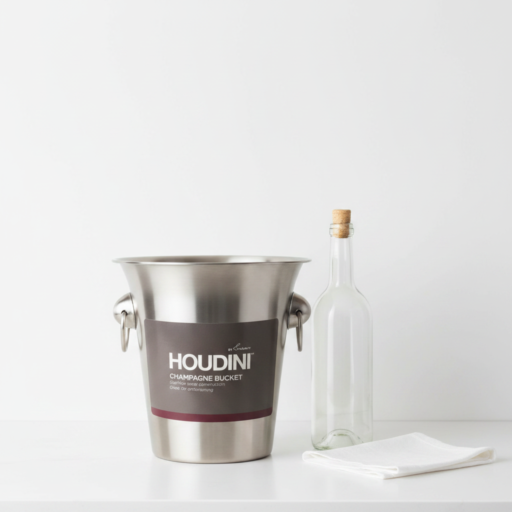 Houdini by Rabbit stainless steel champagne bucket on white surface with wine bottle and linen napkin – More4less Outlet