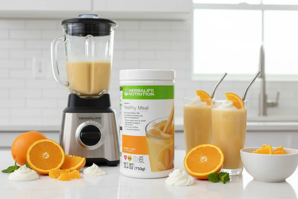 Smoothie station setup on minimalist counter with fresh citrus garnish alongside Herbalife Formula 1 Orange Cream canister