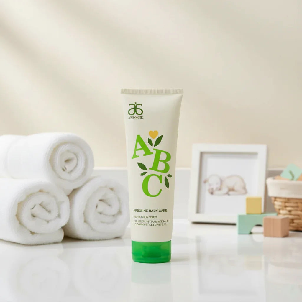 Arbonne Baby Care ABC Hair and Body Wash 8 oz in clean bathroom with pastel nursery decor