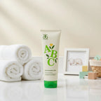 Arbonne Baby Care ABC Hair and Body Wash 8 oz in clean bathroom with pastel nursery decor