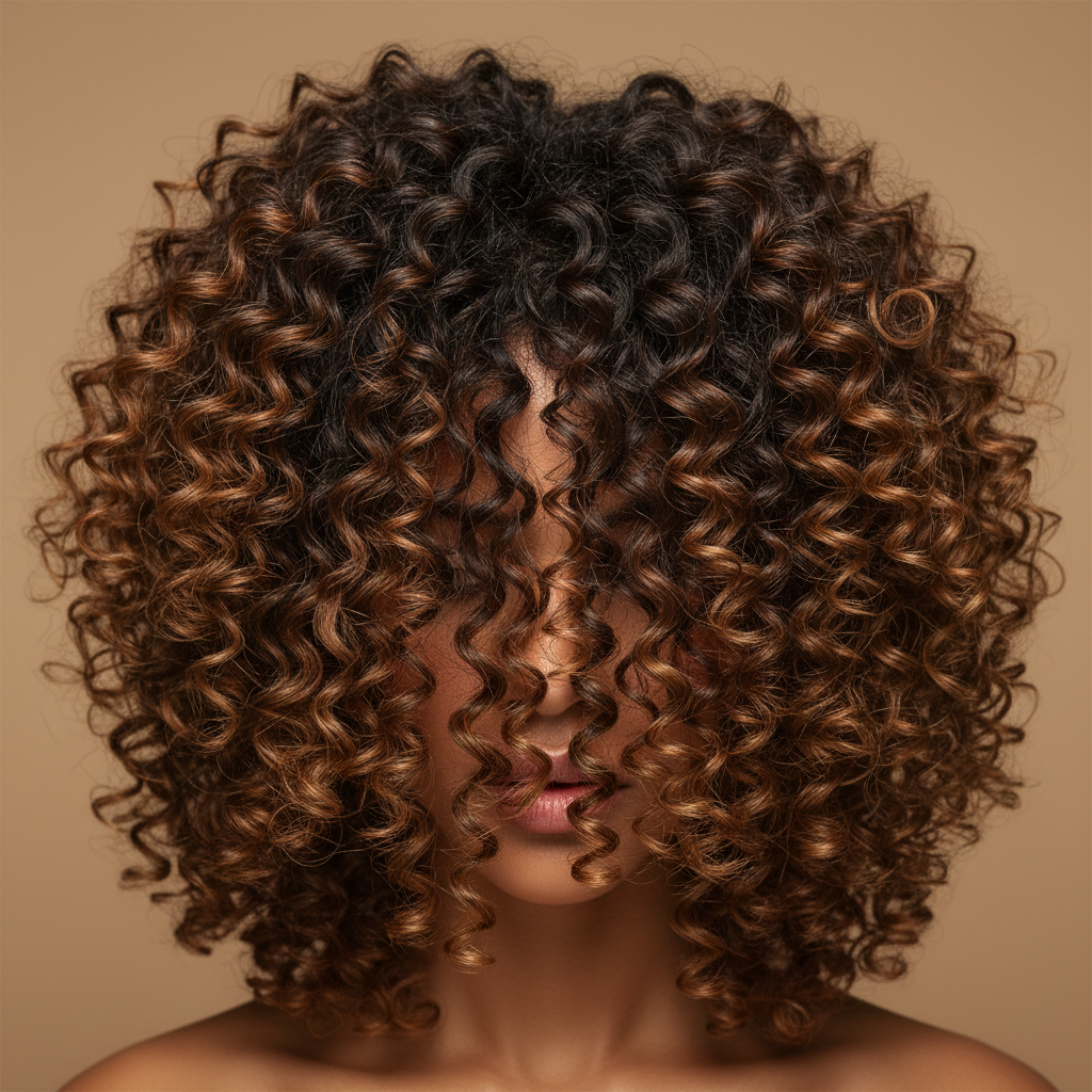 Close-up of gorgeous defined frizz-free curls with natural shine and movement