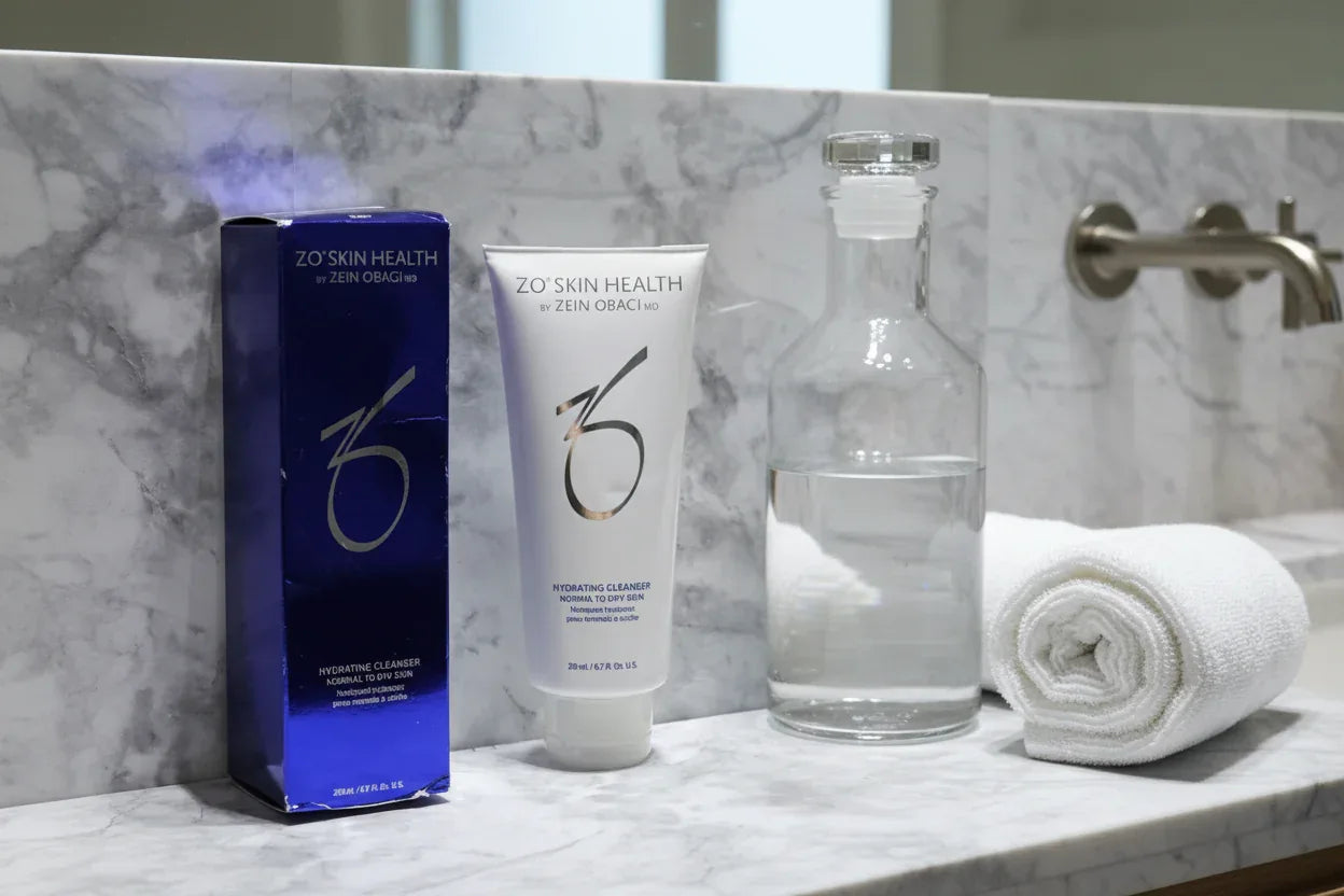 ZO Skin Health Hydrating Cleanser 6.7oz displayed on a minimalist white marble vanity with glass water carafe and rolled white towel