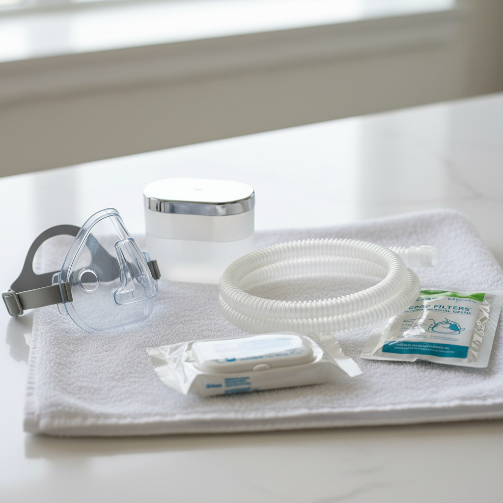 Clean medical-grade CPAP accessories arranged neatly on soft white towel in bright room
