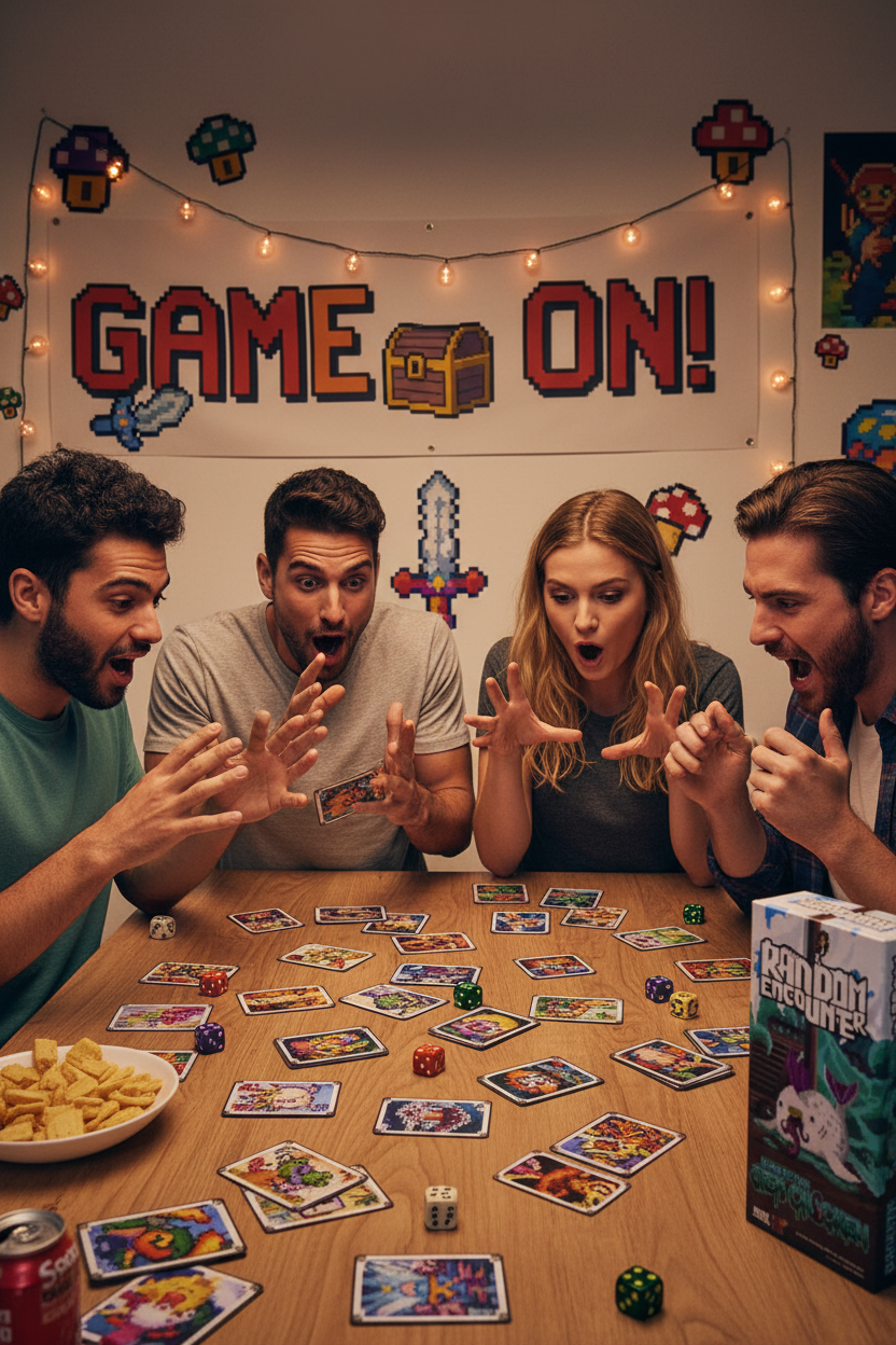 Friends playing fast-paced card brawler game at table with colorful creature cards and loot dice spread out — More4less Outlet
