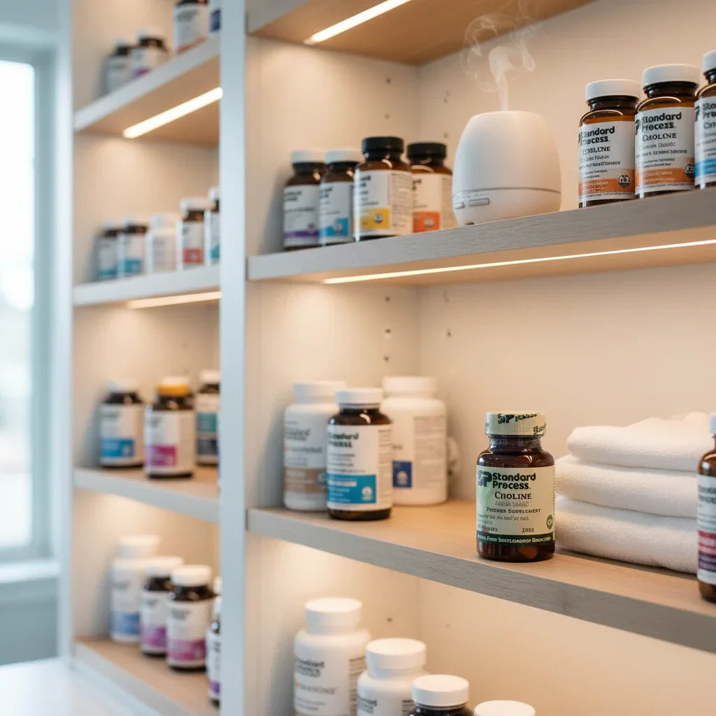 Standard Process Choline supplement organized in modern wellness cabinet with soft lighting and premium supplements