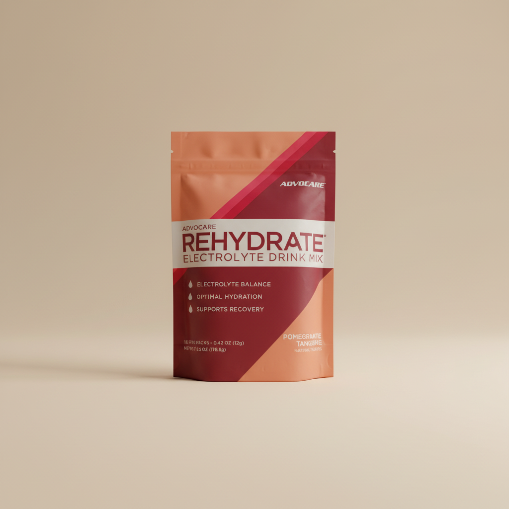AdvoCare Rehydrate Pomegranate Tangerine electrolyte drink mix package on a neutral background