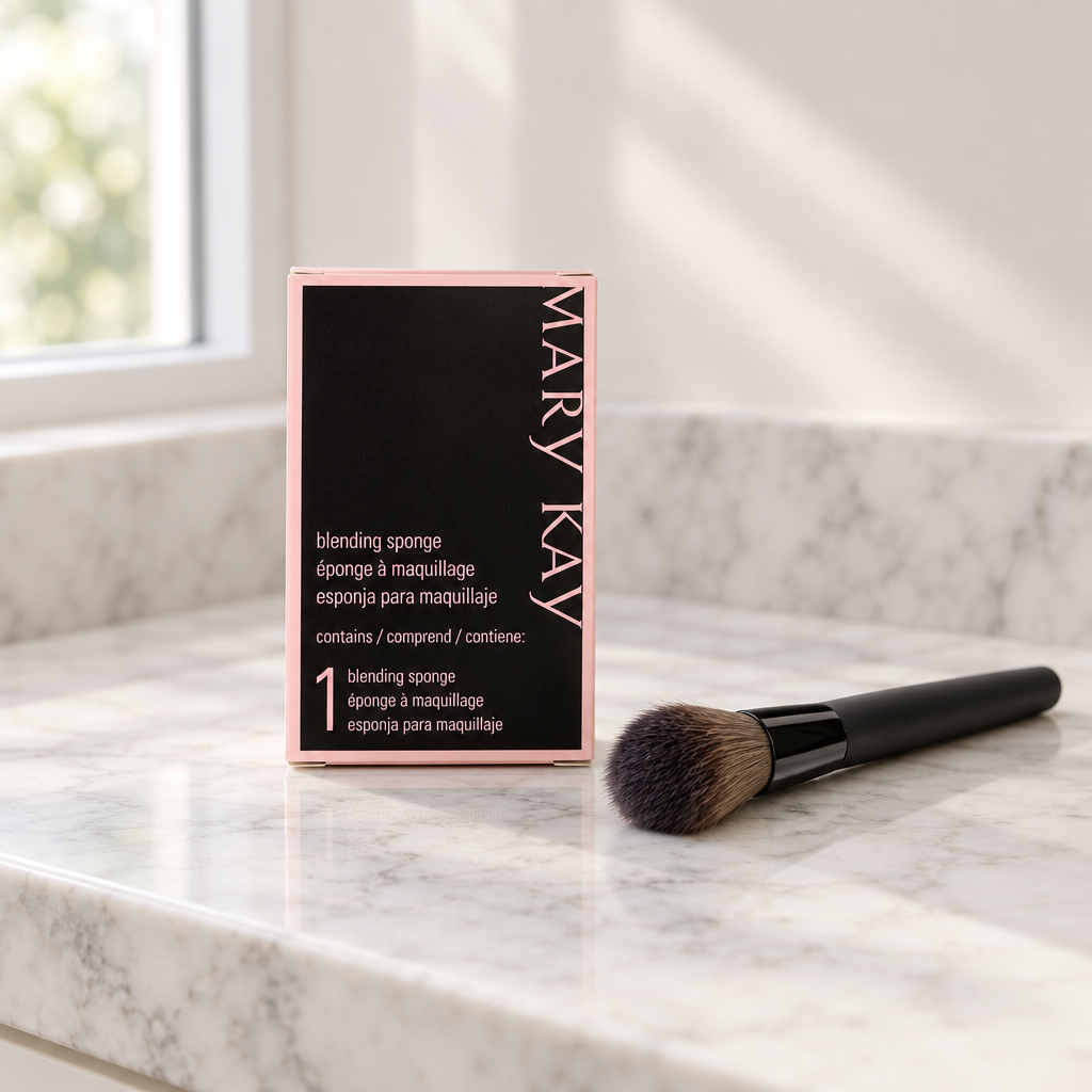 AI-generated lifestyle photo of the Mary Kay Blending Sponge box with a makeup brush on a marble vanity