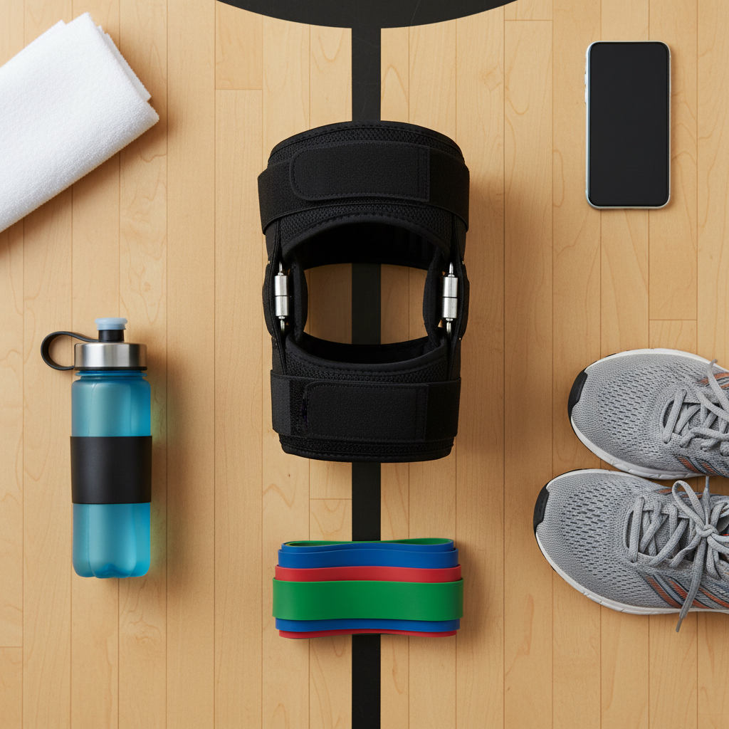 Flat lay of hinged knee brace with water bottle, athletic shoes, and resistance bands on wooden gym floor