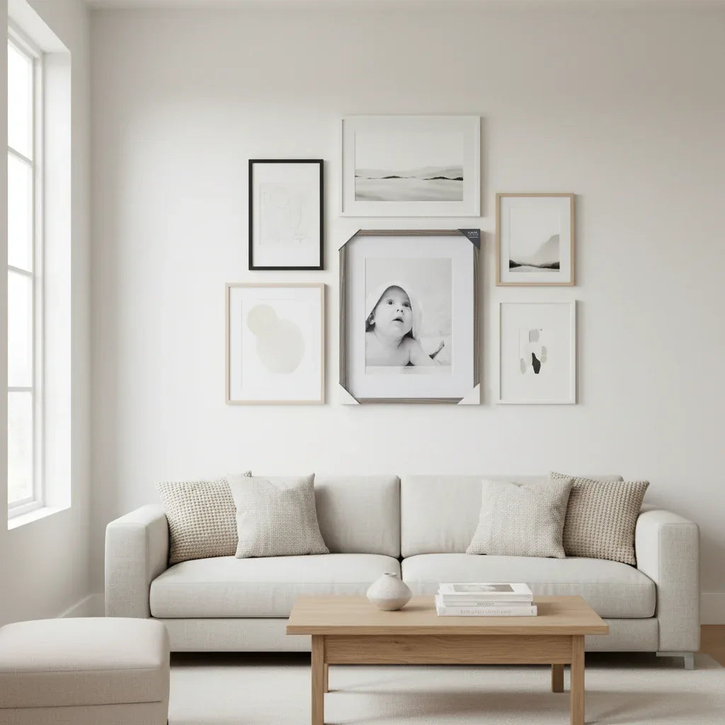 Mikasa grey wood grain frame on minimalist gallery wall in bright modern living room