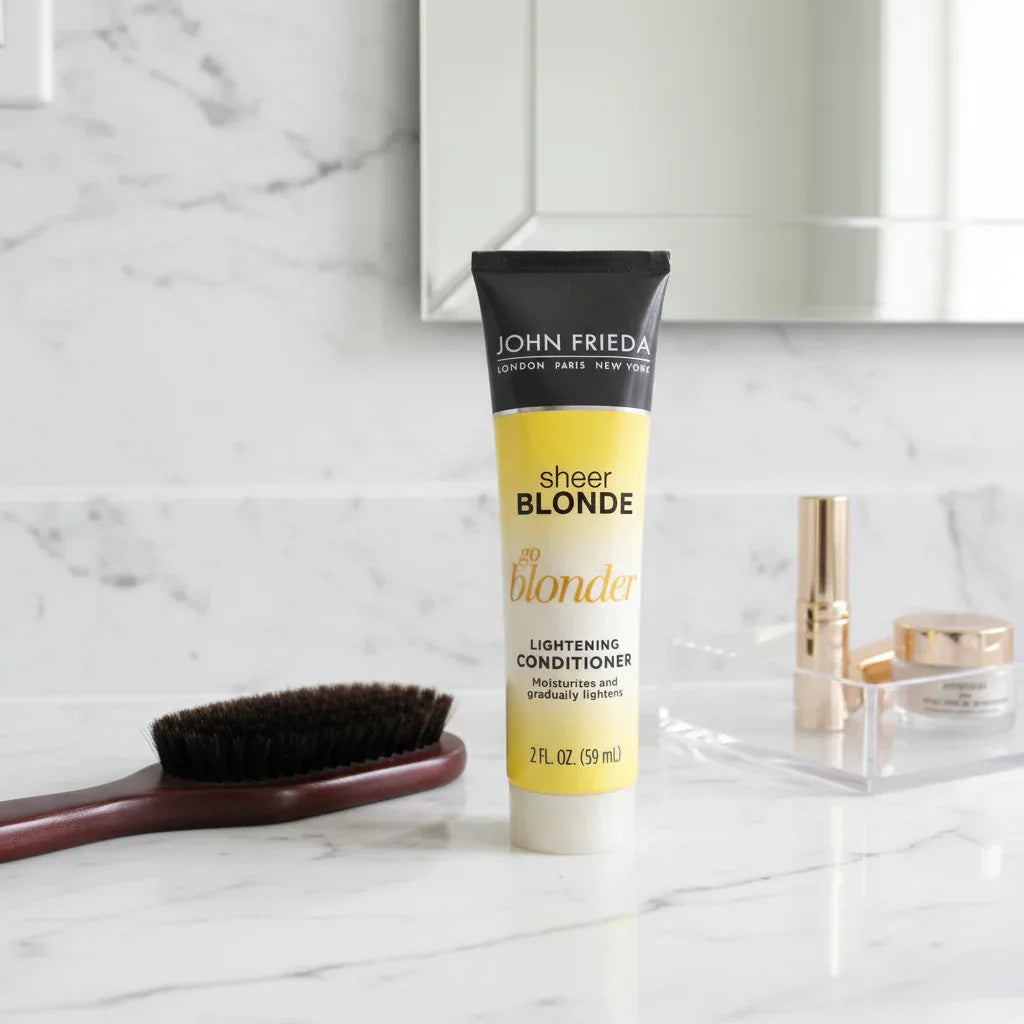 John Frieda Sheer Blonde Go Blonder Lightening Conditioner tube on white marble bathroom vanity next to wooden paddle brush and organized cosmetics tray
