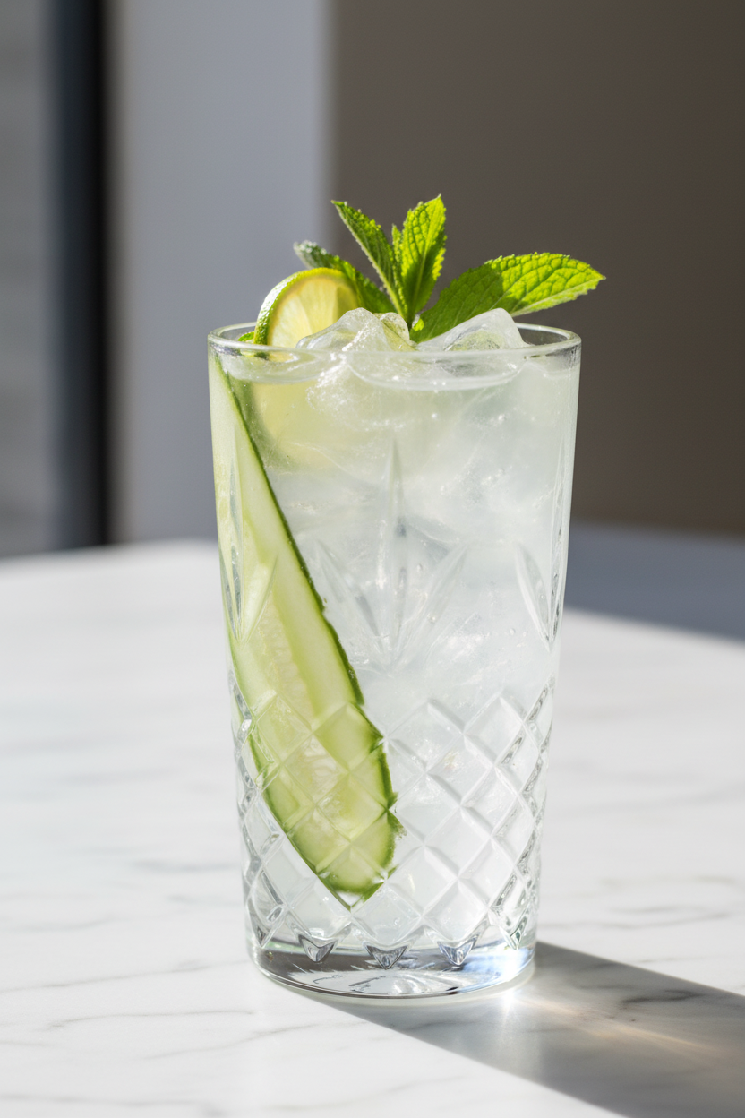 Tall gin and tonic with cucumber slice and ice in a Riedel Spey cut-crystal longdrink highball glass on marble surface