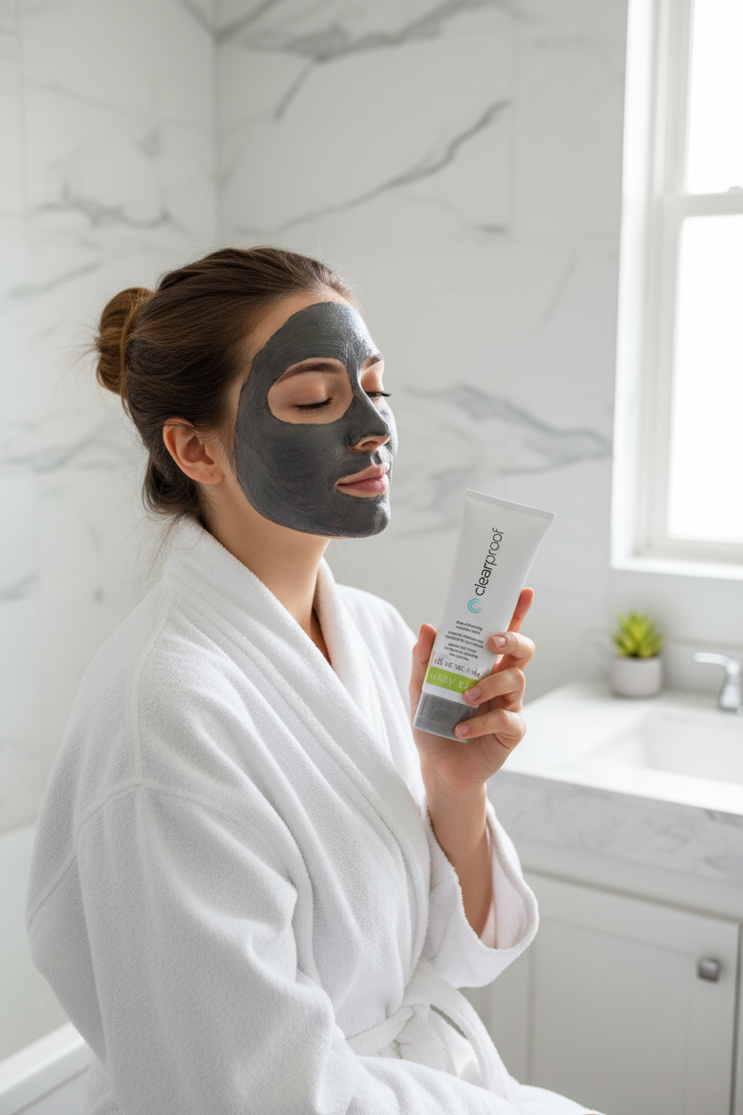 Woman relaxing with Mary Kay Clear Proof dark grey charcoal mask applied to face — triple-action deep pore cleansing skincare treatment