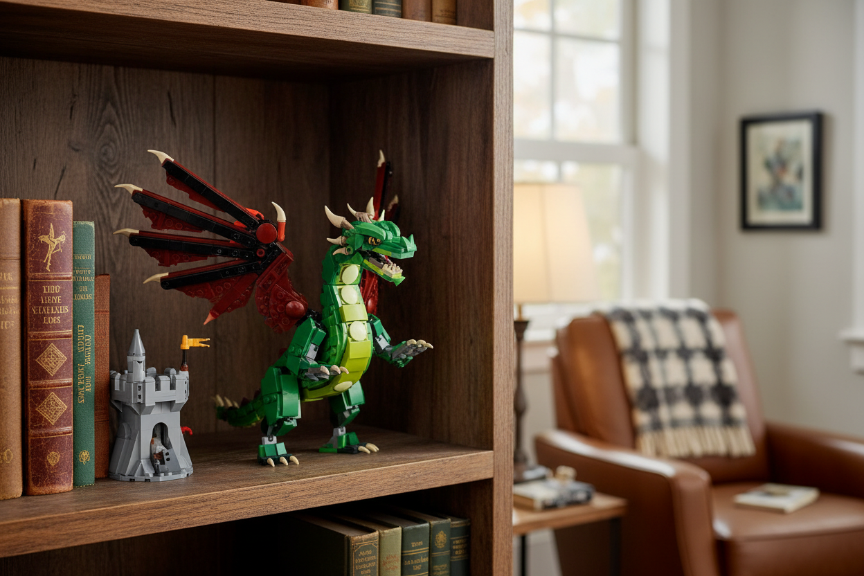 Completed LEGO Creator Medieval Dragon model displayed on a bookshelf with fantasy decor
