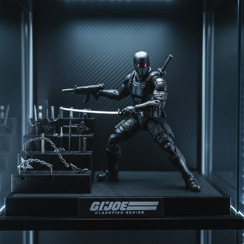 Hasbro G.I. Joe Classified Series Snake Eyes 6-inch action figure on dark collector display shelf — More4less Outlet