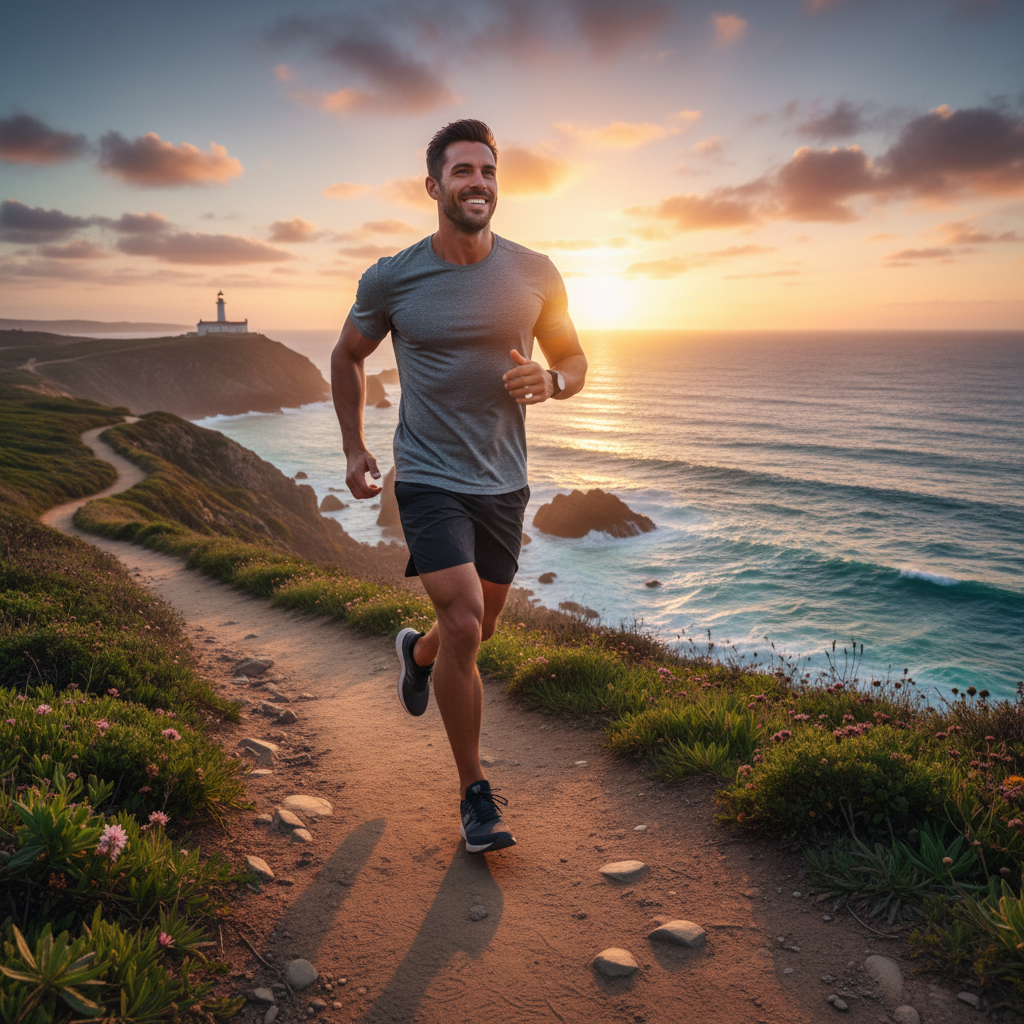 Fit man running along a scenic coastal trail at sunrise, healthy and energized